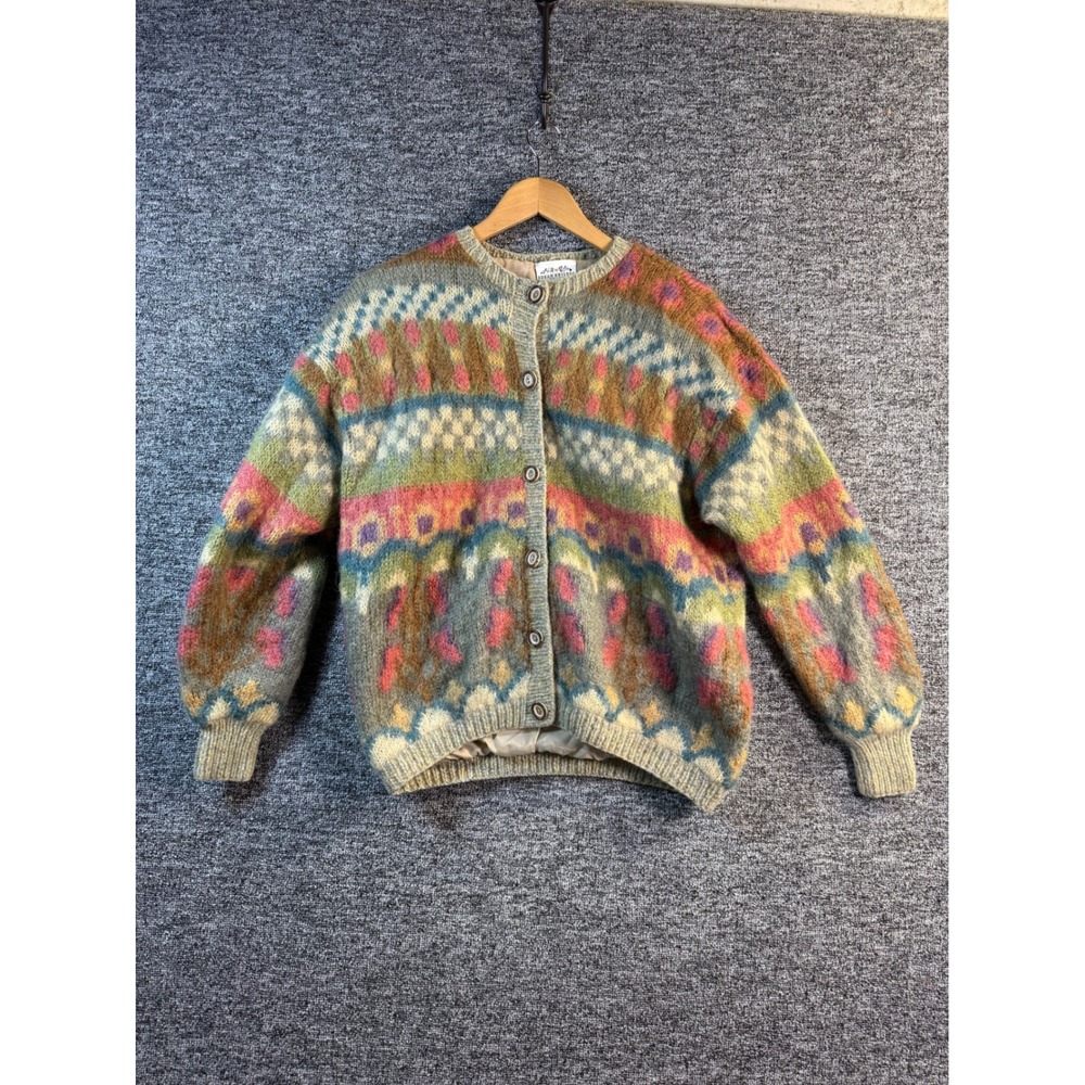 Vintage 1991 Susan Bristol Hand Knit Mohair Wool Fair Isle Cardigan Sweater M